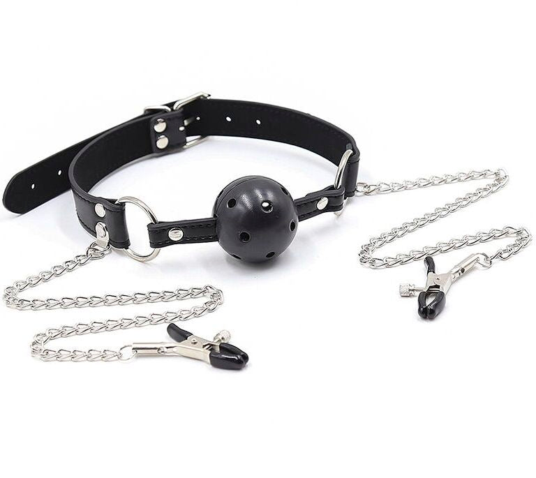 Breathable Ball Gag with Nipple Clamps