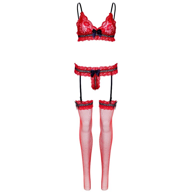 Conjunto Seductor de Lencería Roja de Tres Piezas