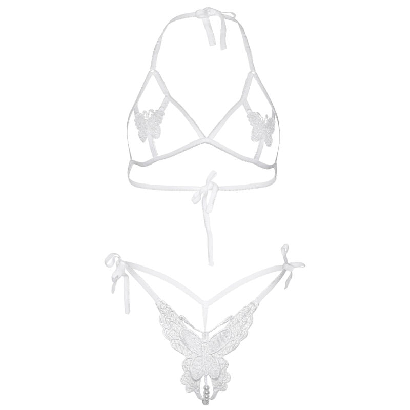 Conjunto de Sujetador y Bragas con Mariposa Blanca y Perlas