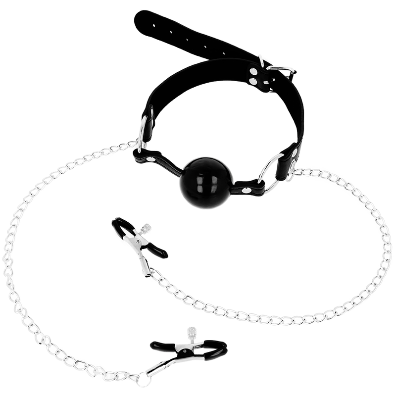 Black Ball Gag With Nipple Clamps