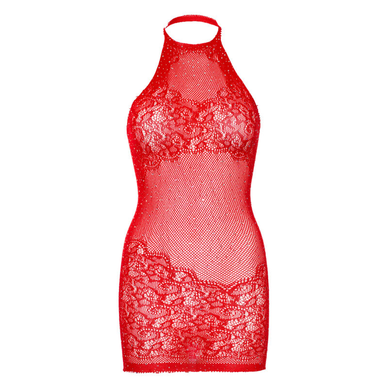 Seductive Rhinestone Halter Mini Dress - Red