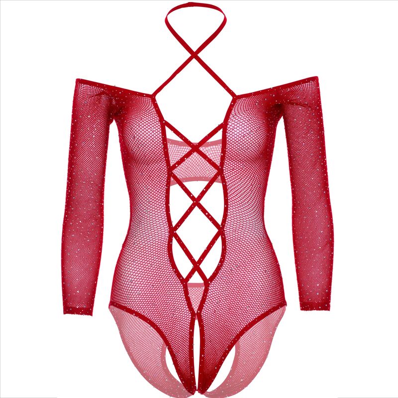 Glossy Red Crotchless Bodysuit
