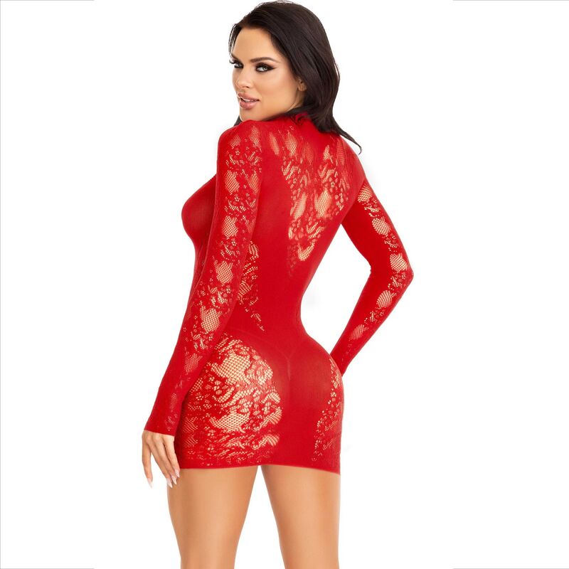 Vestido Mini de Renda Vermelha com Manga Comprida