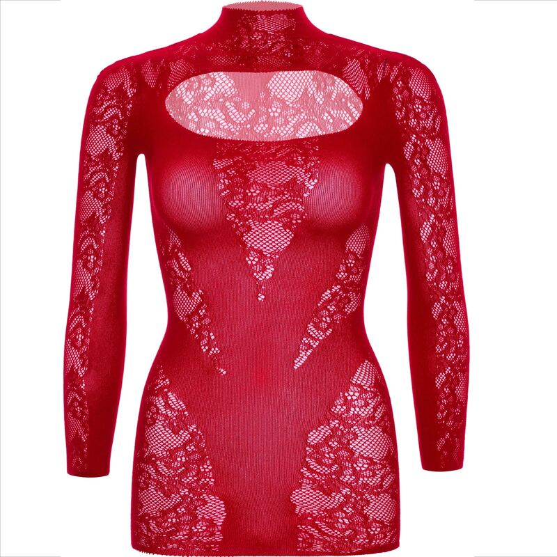 Vestido Mini de Renda Vermelha com Manga Comprida