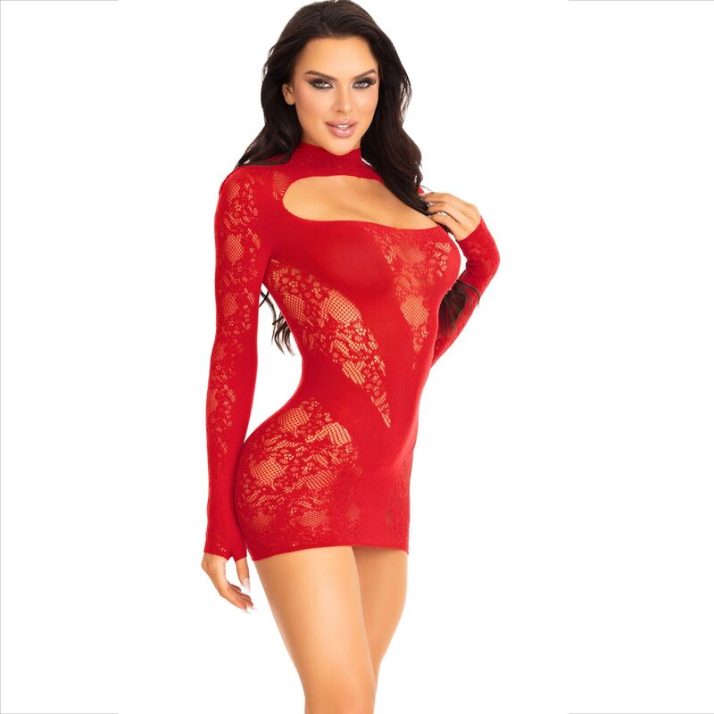 Vestido Mini de Renda Vermelha com Manga Comprida