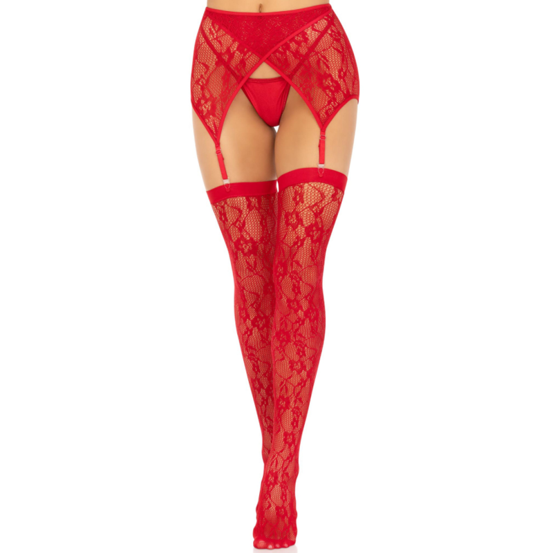 Seductive Red Lace Thigh Highs & Garterbelt