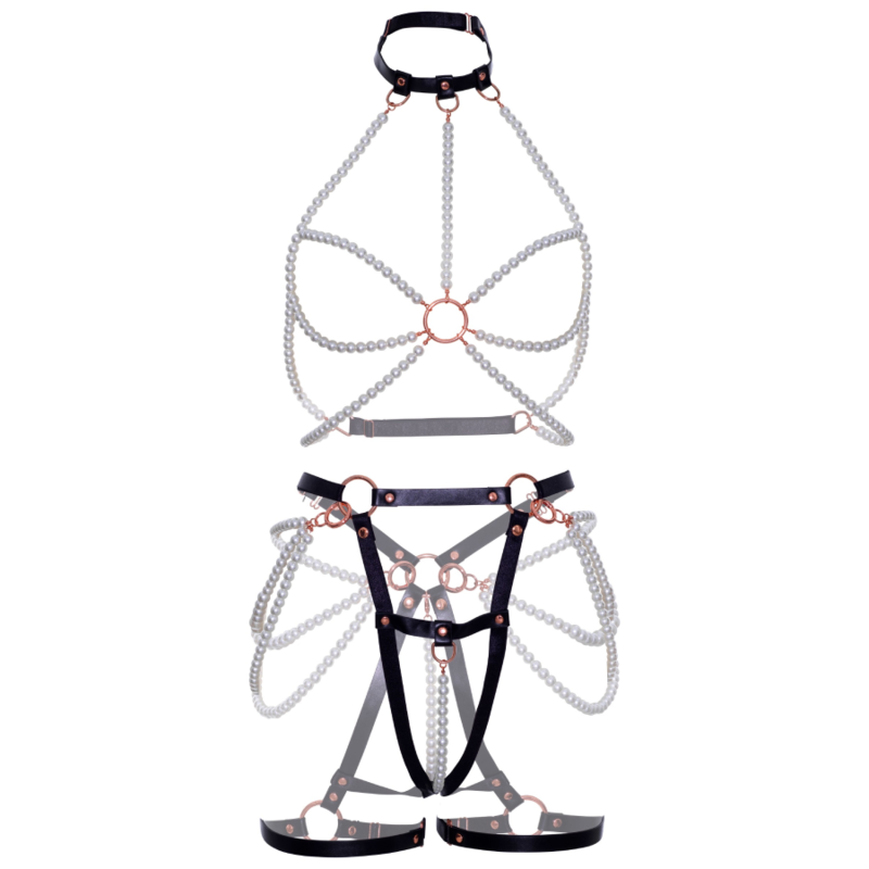 Elegant Pearl Harness Bra & Garter Set