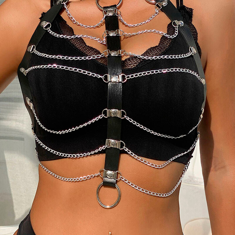 Black Leather Chest Harness with Chains