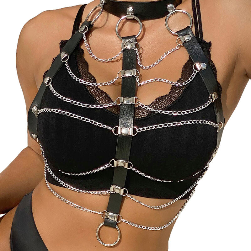 Black Leather Chest Harness with Chains