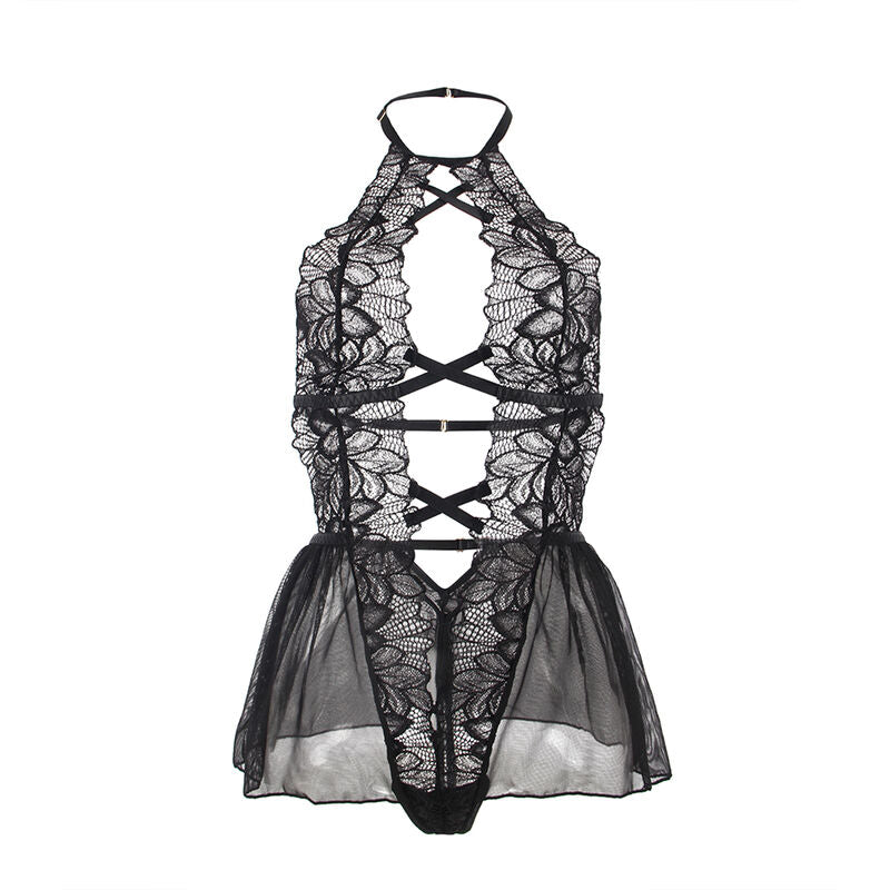 Black Lace Halter Neck Teddy with Bare Back