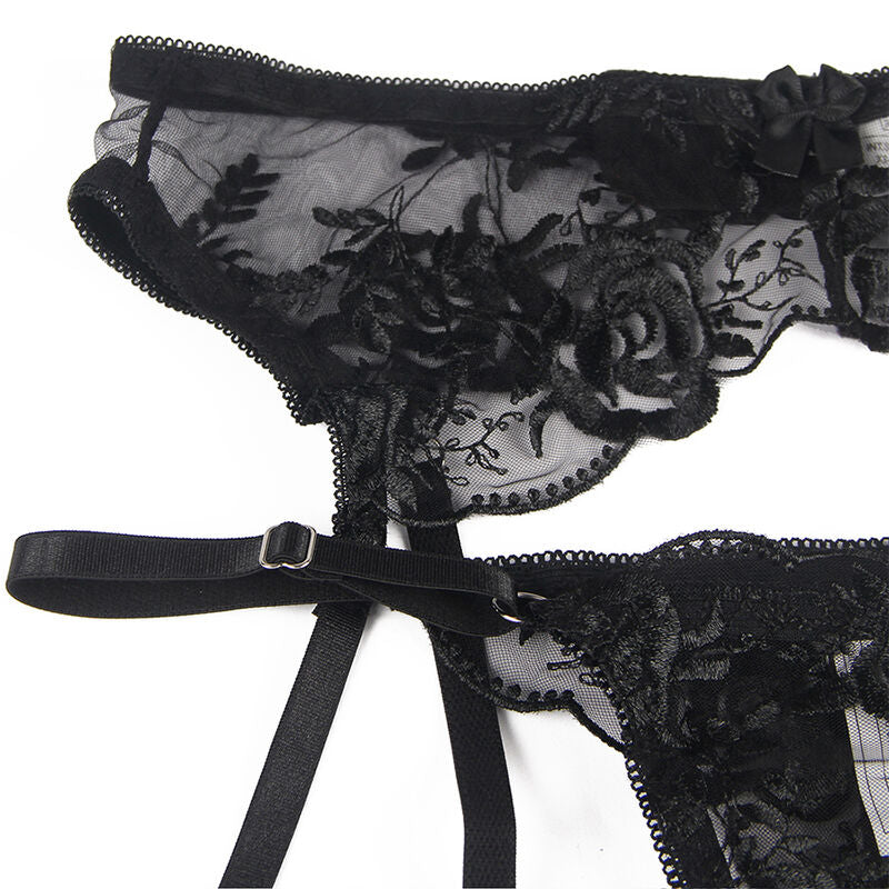Conjunto de Lencería Negra con Estampado Floral de 3 Piezas
