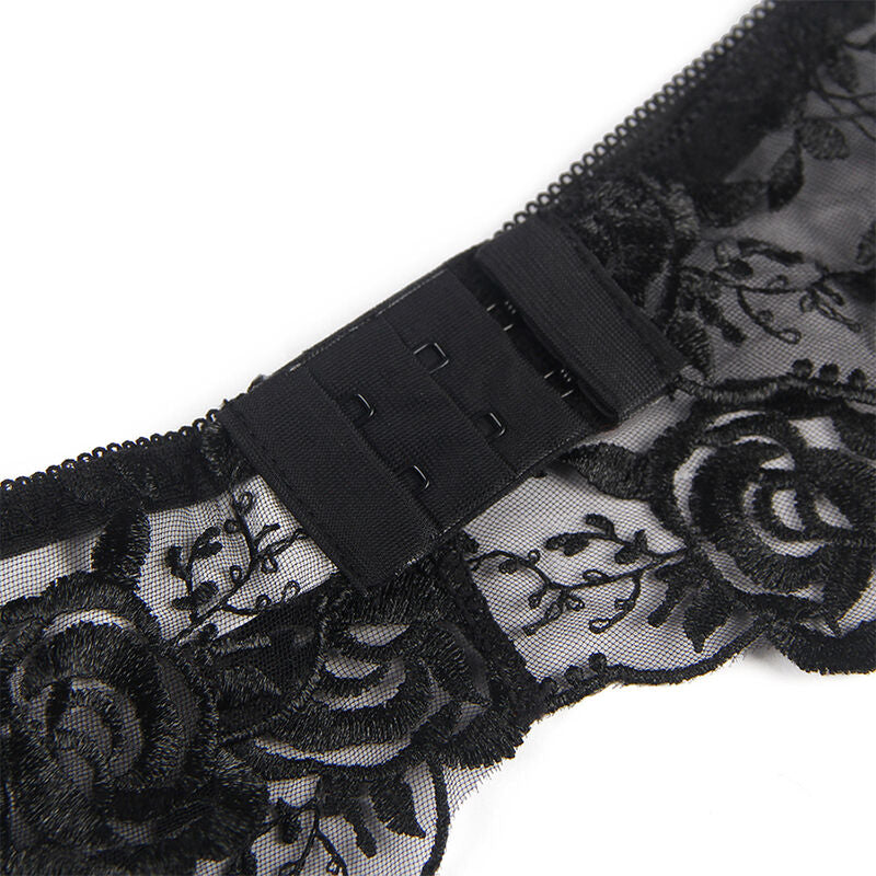 Conjunto de Lencería Negra con Estampado Floral de 3 Piezas