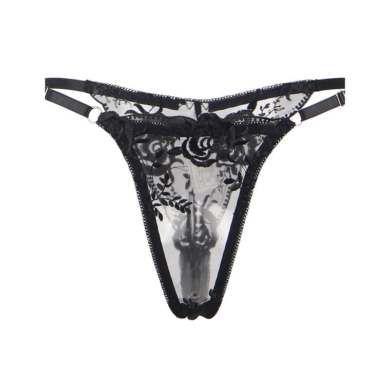 Conjunto de Lencería Negra con Estampado Floral de 3 Piezas