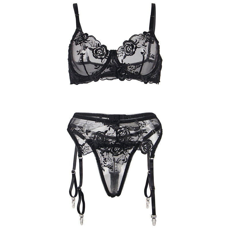 Conjunto de Lencería de 3 Piezas con Estampado Floral - Negro L/XL