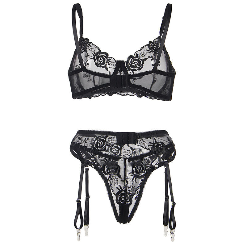 Conjunto de Lencería de 3 Piezas con Estampado Floral - Negro L/XL