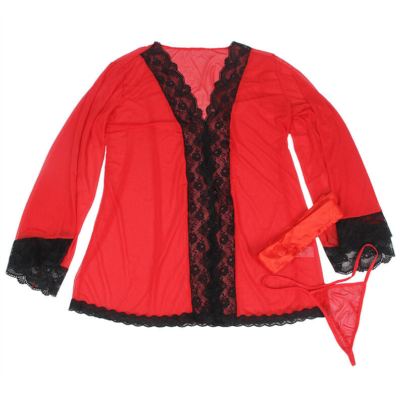 Sheer Lace Trim Robe - Red L/XL