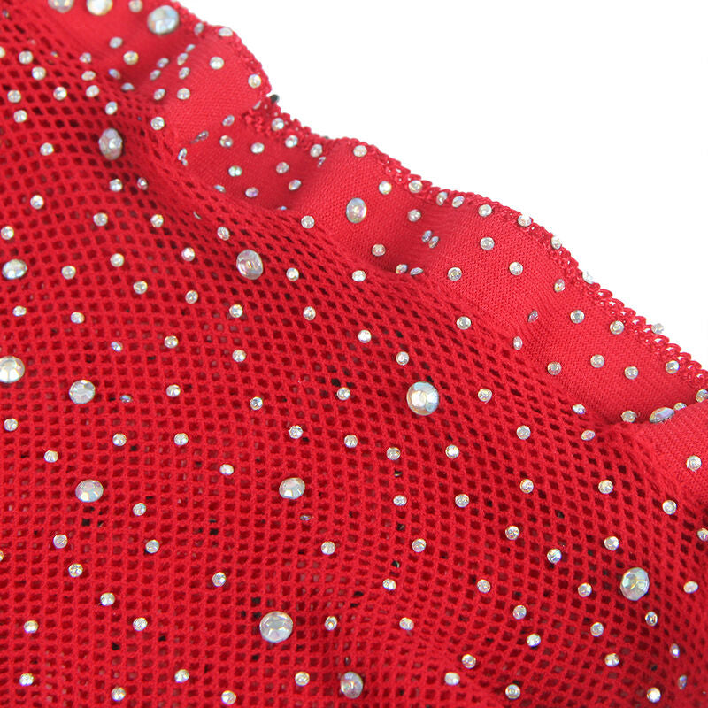 Red Diamond Fishnet Bodystocking With Gloves