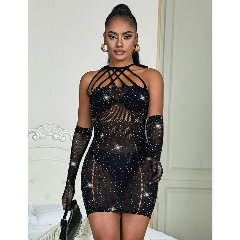 Black Rhinestone Fishnet Dress