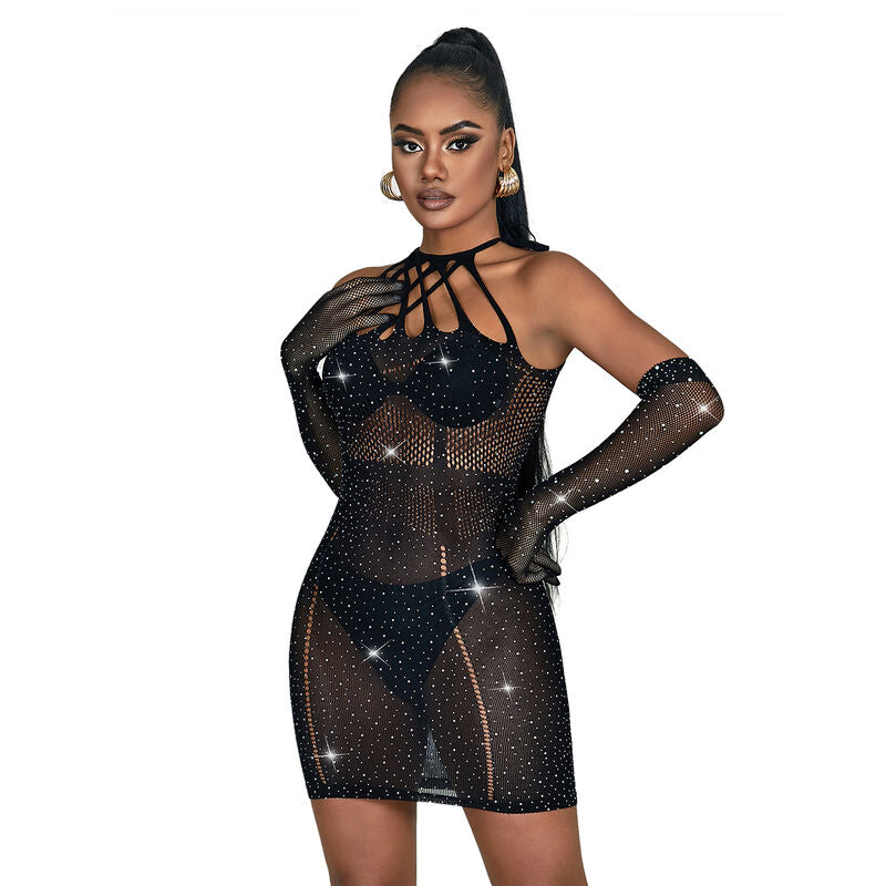 Black Rhinestone Fishnet Dress