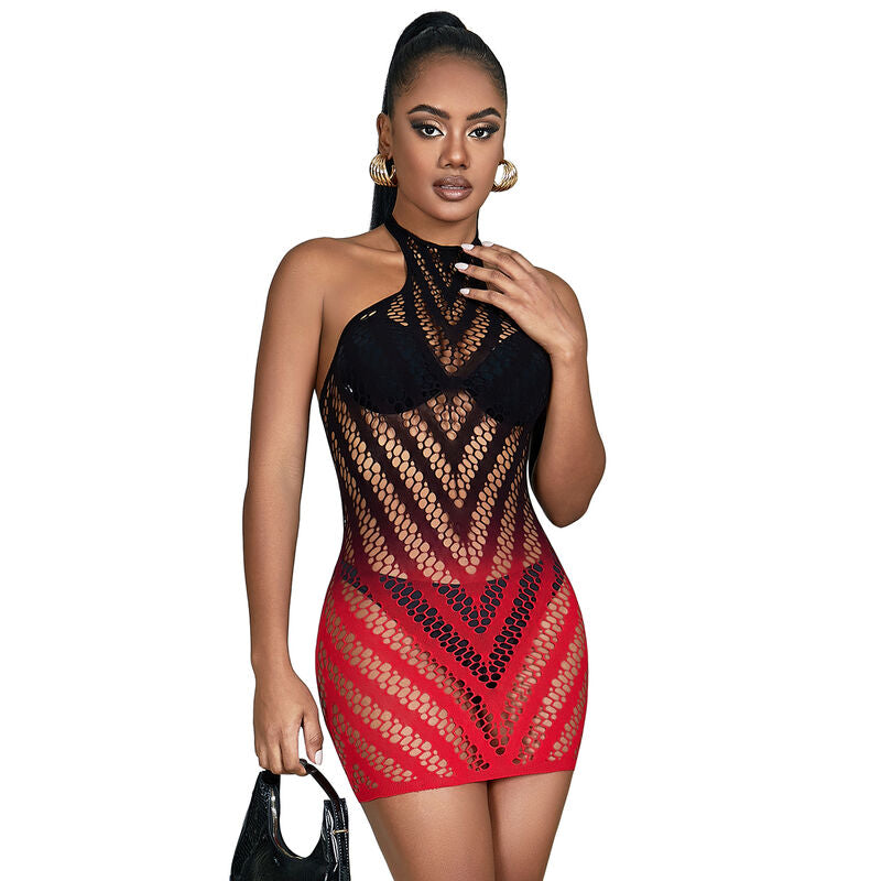 Red & Black Ombré Fishnet Dress