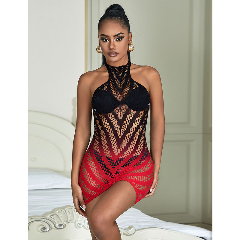 Red & Black Ombré Fishnet Dress
