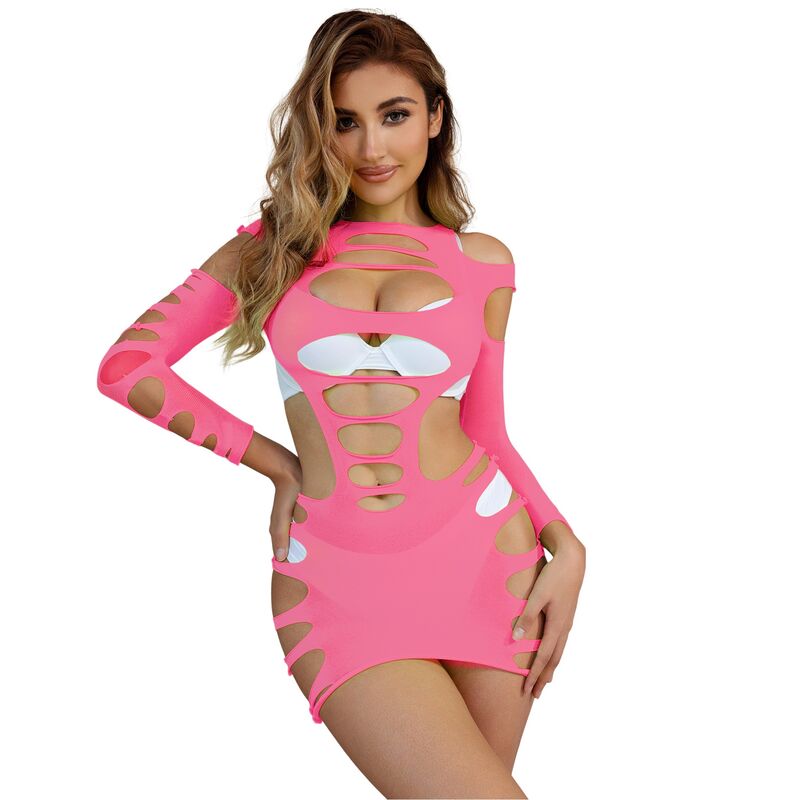 Long Sleeve Fishnet Dress - Pink
