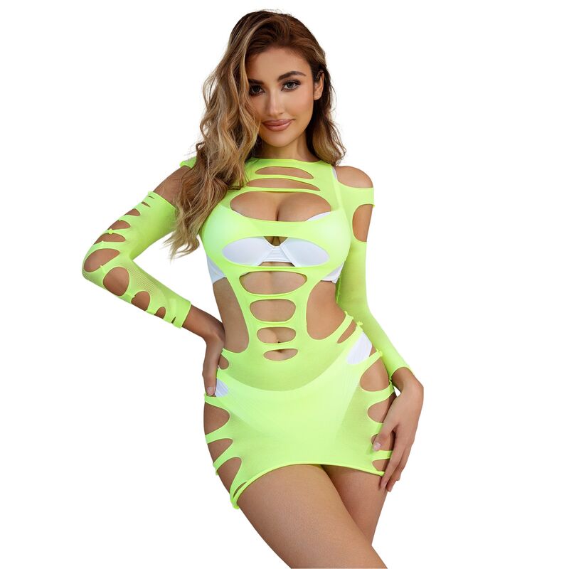 Green Long Sleeve Fishnet Dress
