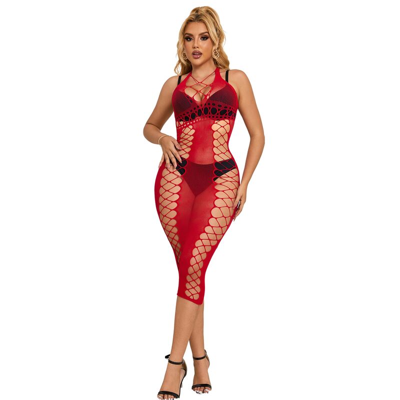 Long Red Fishnet Bodycon Dress