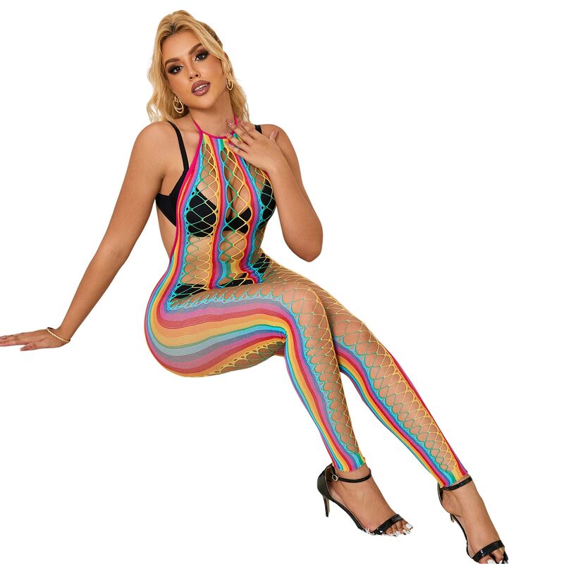 Rainbow Halter Neck Fishnet Lingerie Dress