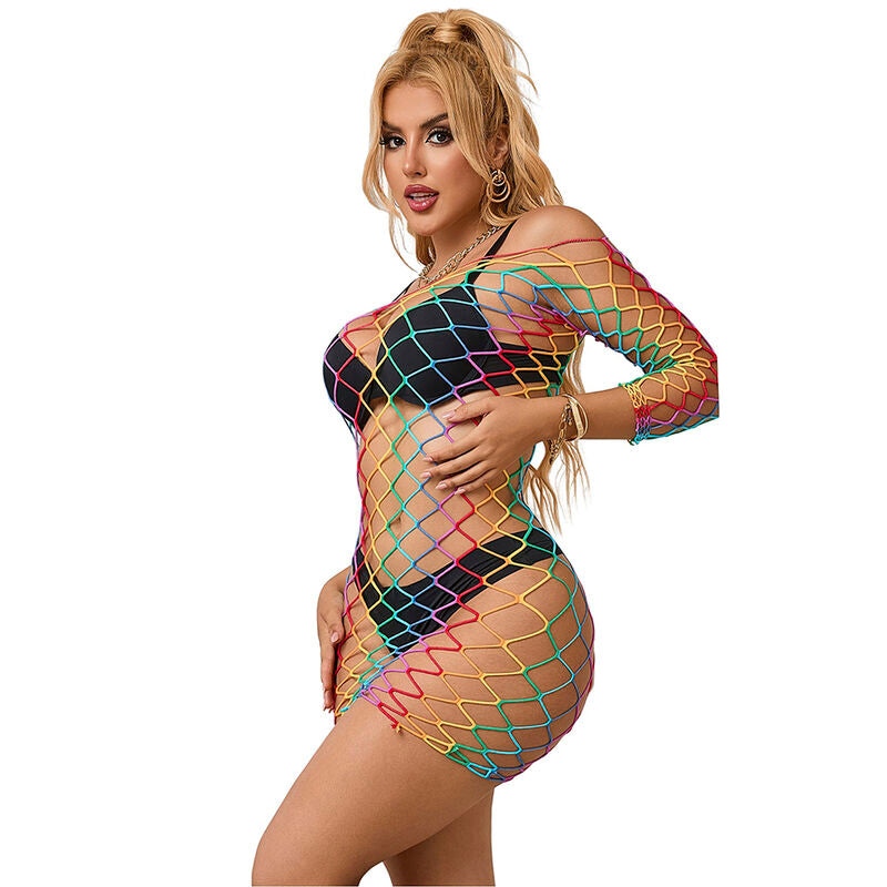 Rainbow Long Sleeve Fishnet Dress