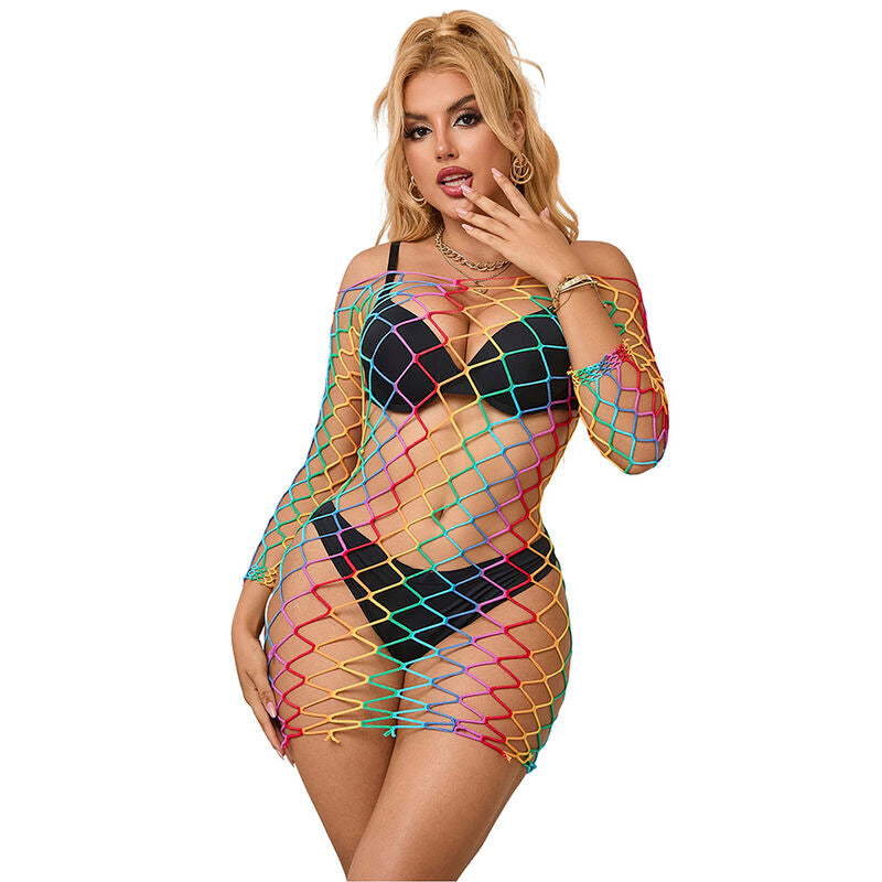Rainbow Long Sleeve Fishnet Dress