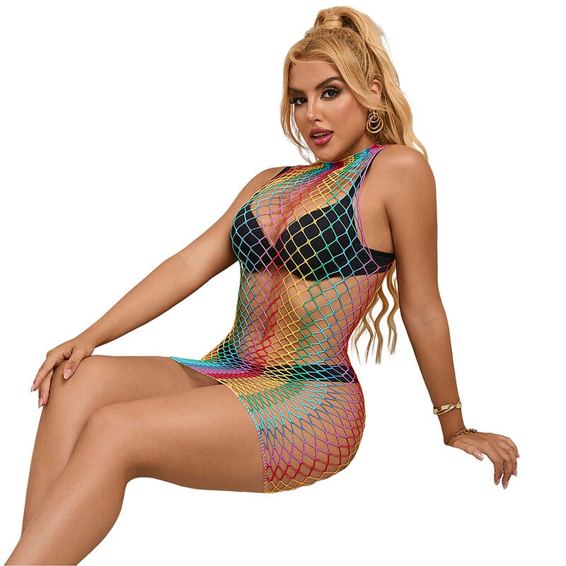 Rainbow High Neck Fishnet Dress