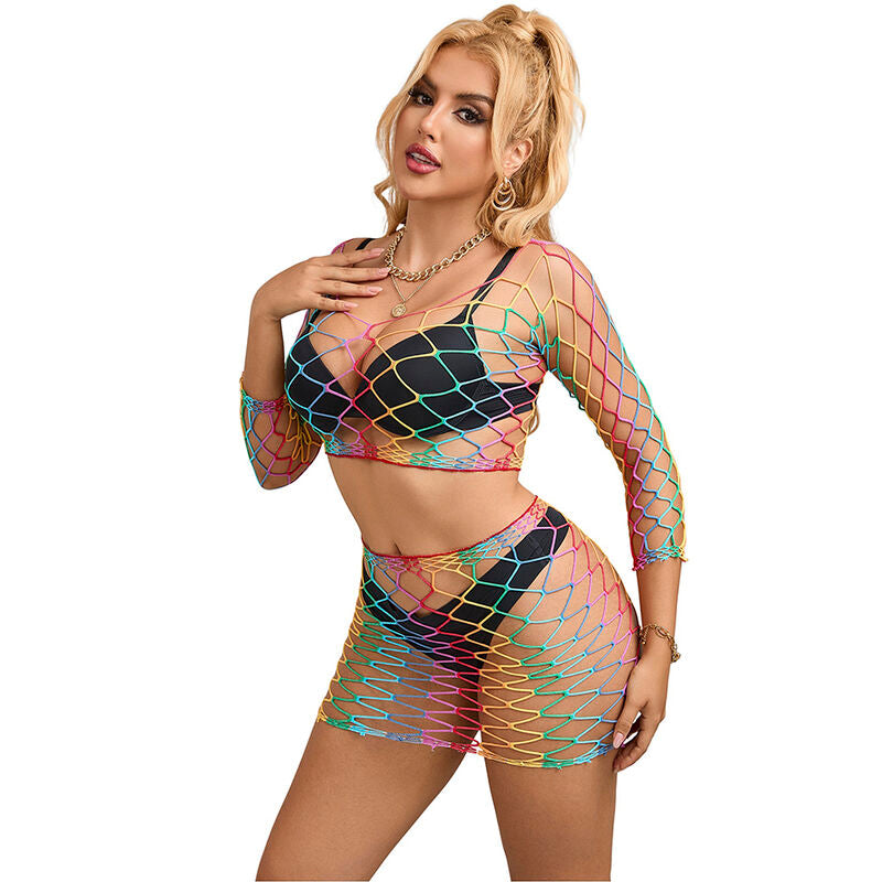 Rainbow Fishnet 2-Piece Long Sleeve Set