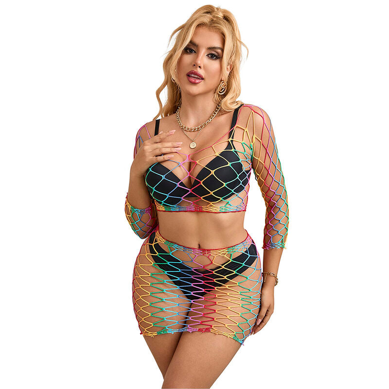 Rainbow Fishnet 2-Piece Long Sleeve Set