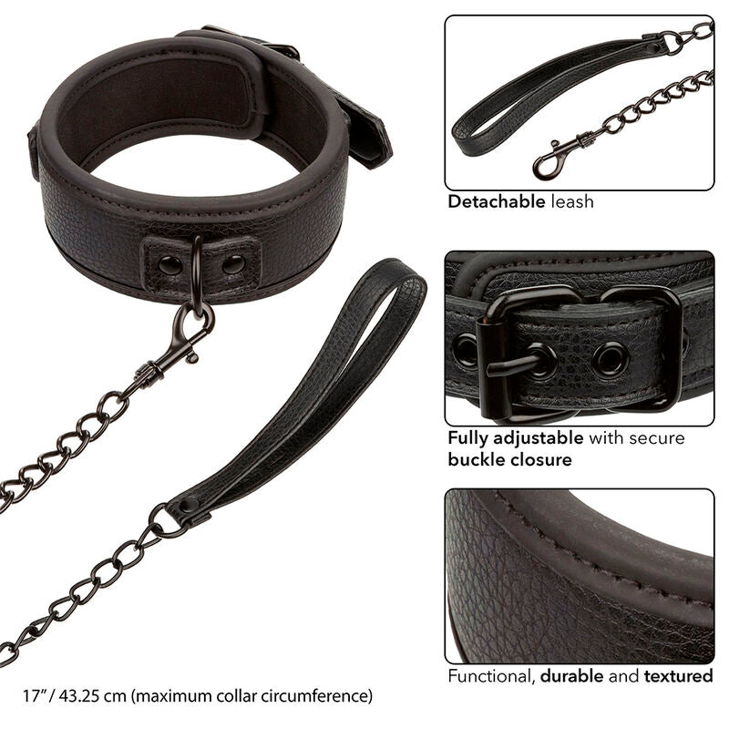 Adjustable Black Leather Collar & Leash