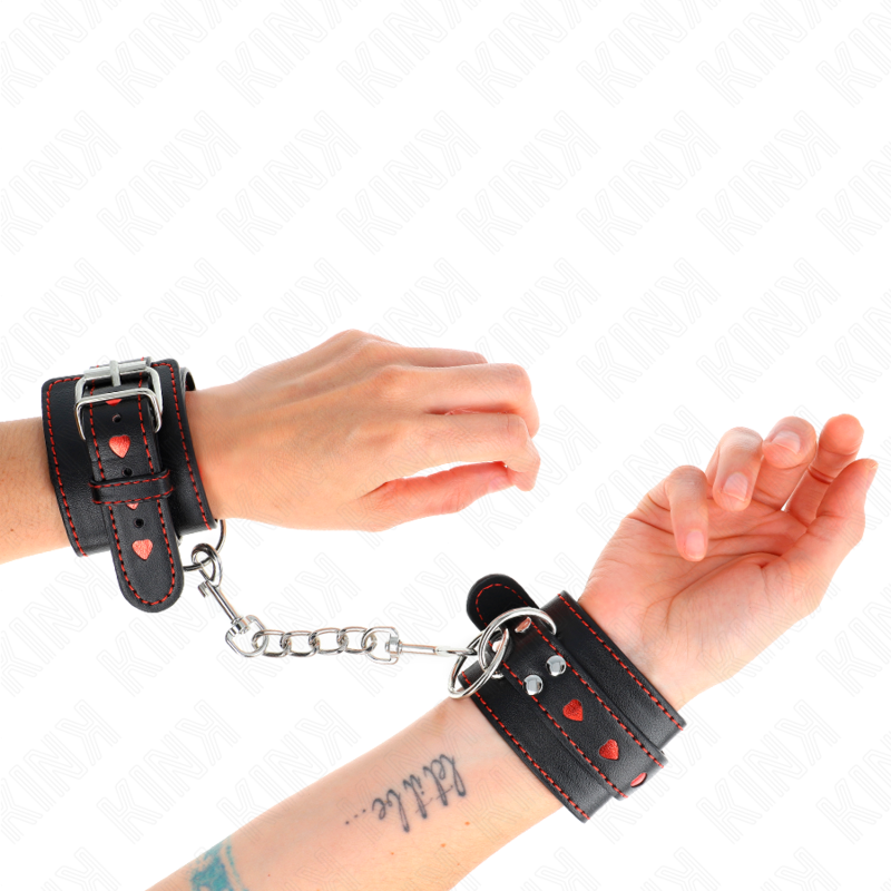 Black Wrist Restraints with Red Heart Inlay