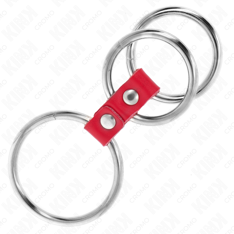 Triple Metal Penis Ring Set with Red Leather