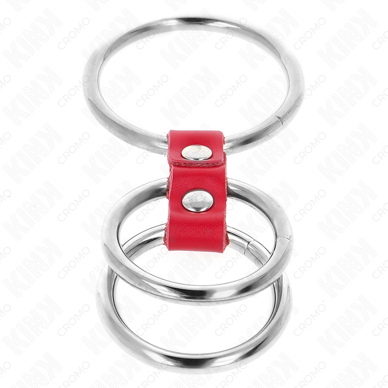 Triple Metal Penis Ring Set with Red Leather