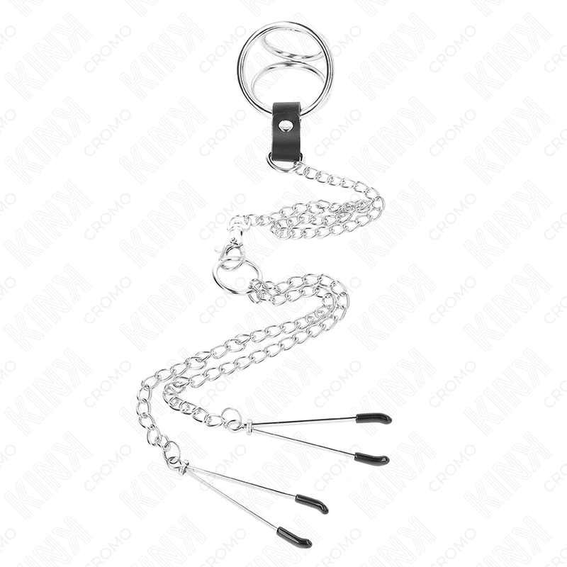 Chrome Metal Triple Penis Ring Set with Nipple Clamps