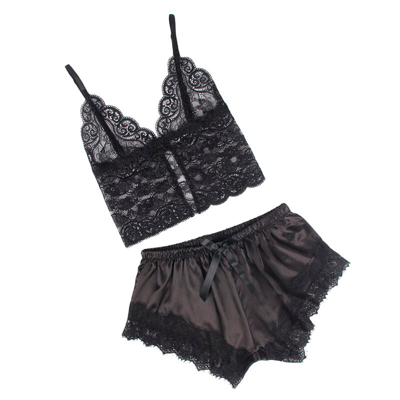 Black Silk Nightgown & Lace Pants Set L/XL