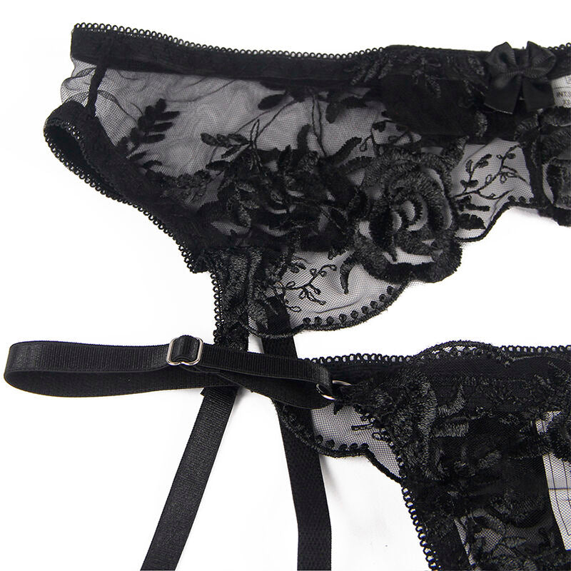 Floral Lace Bra Panty Garter Set Black S/M