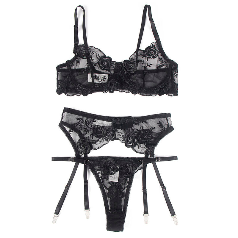 Floral Lace Bra Panty Garter Set Black S/M