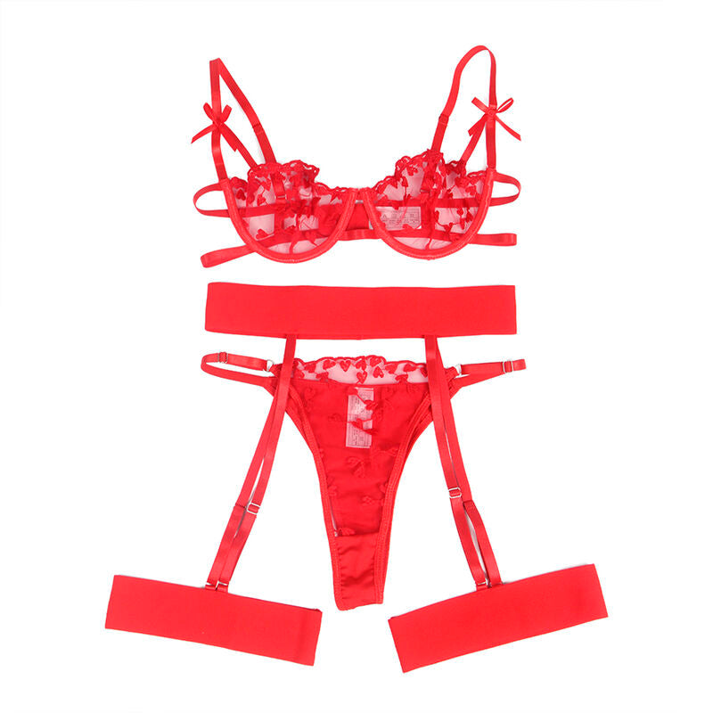 Conjunto de Lingerie Sexy com Estampado de Corações e Liga