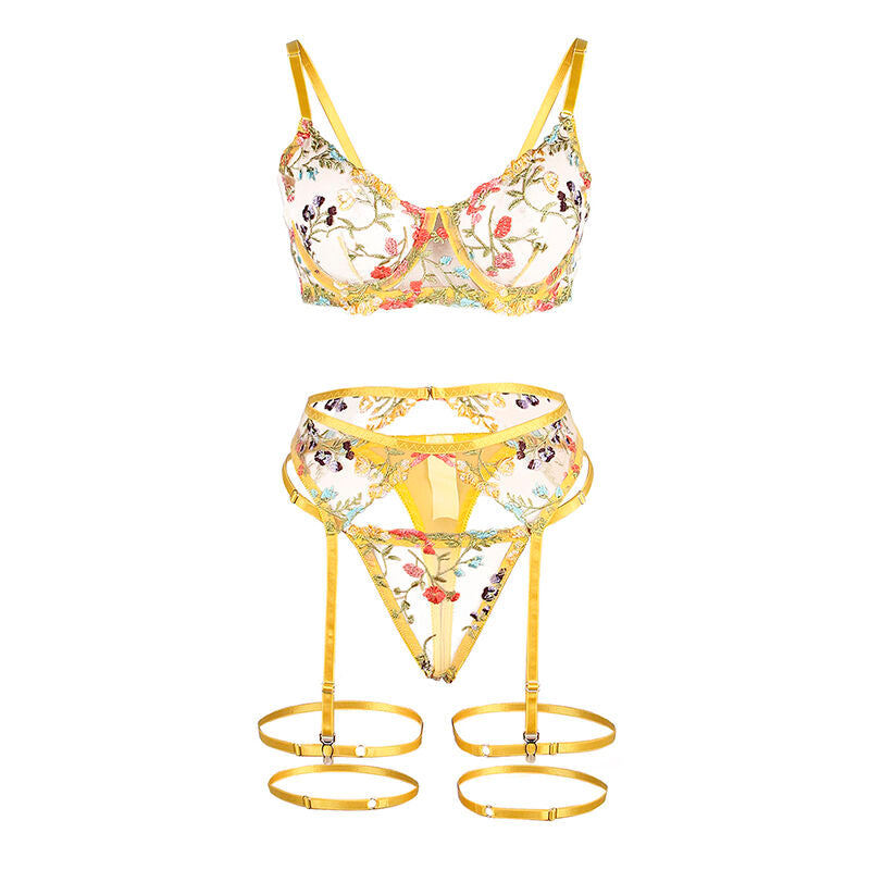 Conjunto de Sujetador Floral, Tanga y Liguero