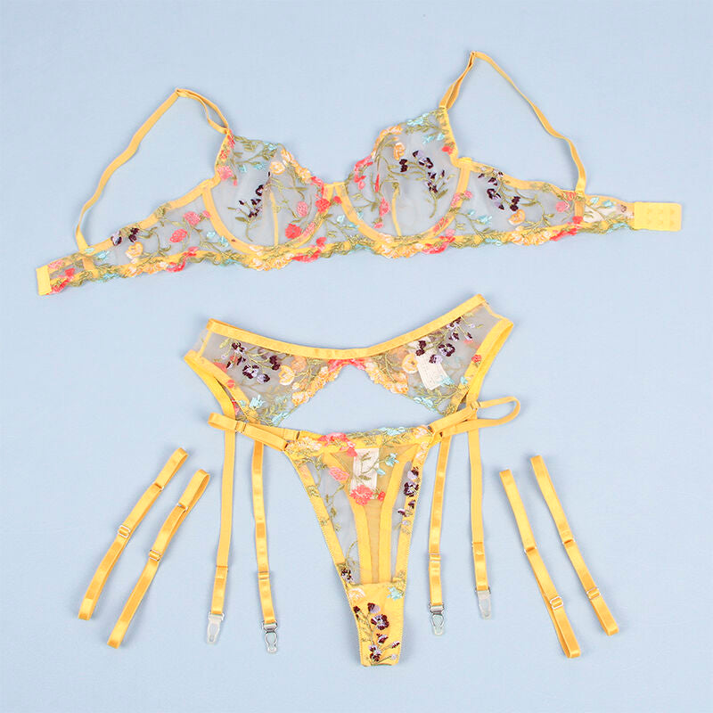 Floral 3-Piece Lingerie Set - Yellow L/XL
