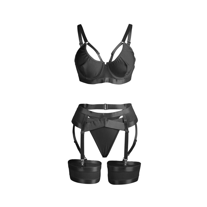 Black Bondage Bra with Garter Set L/XL