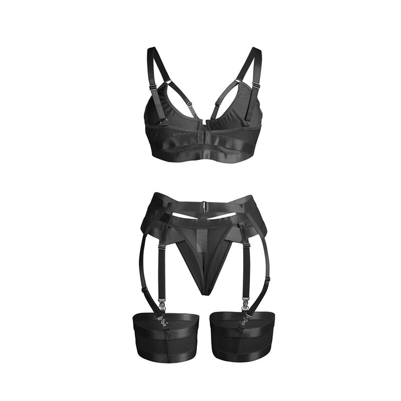 Black Bondage Bra with Garter Set L/XL
