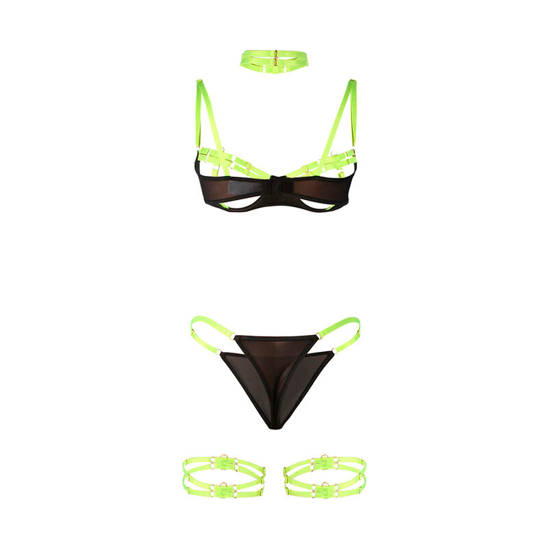 Conjunto de Sujetador Lencería Verde Fluorescente con Collar