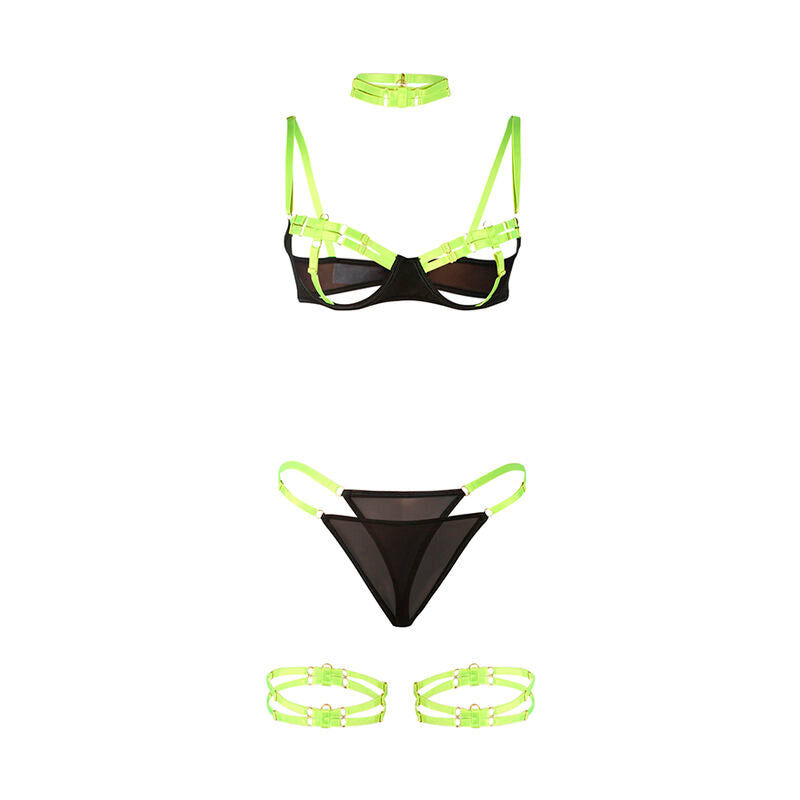 Conjunto de Sujetador Lencería Verde Fluorescente con Collar