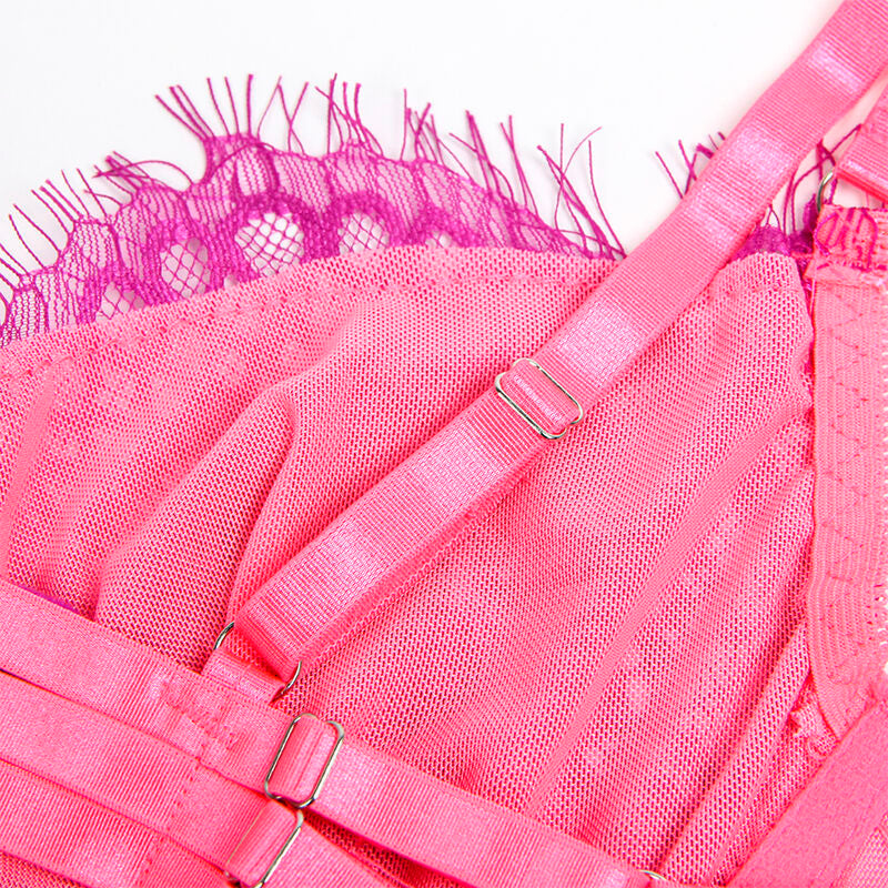 Seductive Lace Bra & Garter Set - Pink/Purple